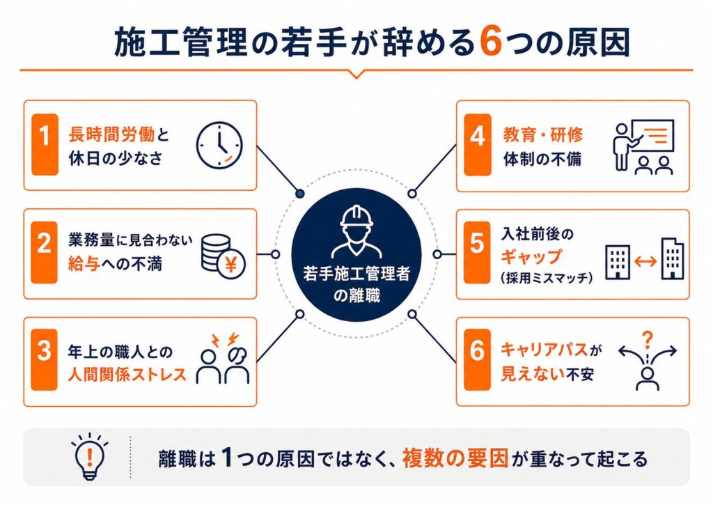 施工管理の若手が辞める6つの原因（長時間労働・給与への不満・人間関係ストレス・教育研修体制の不備・入社前後のギャップ・キャリアパスへの不安）