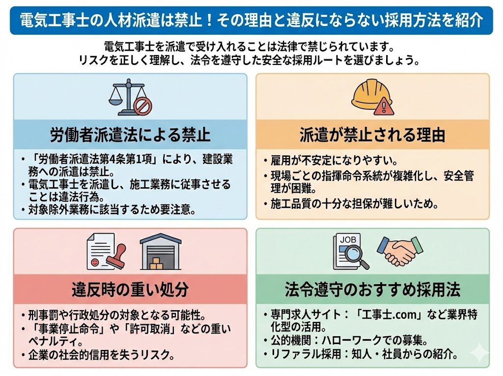 電気工事士の人材派遣が禁止されている理由と違反にならない採用方法を示した図解