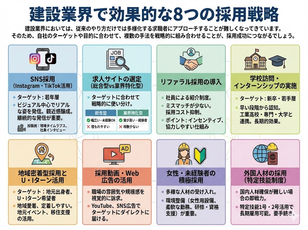 建設業界で効果的な8つの採用戦略を示した図解