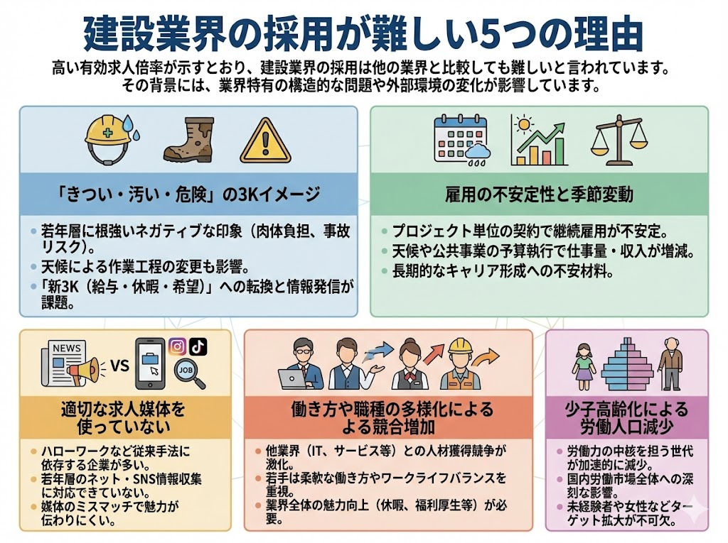 建設業界の採用が難しい5つの理由を示した図解