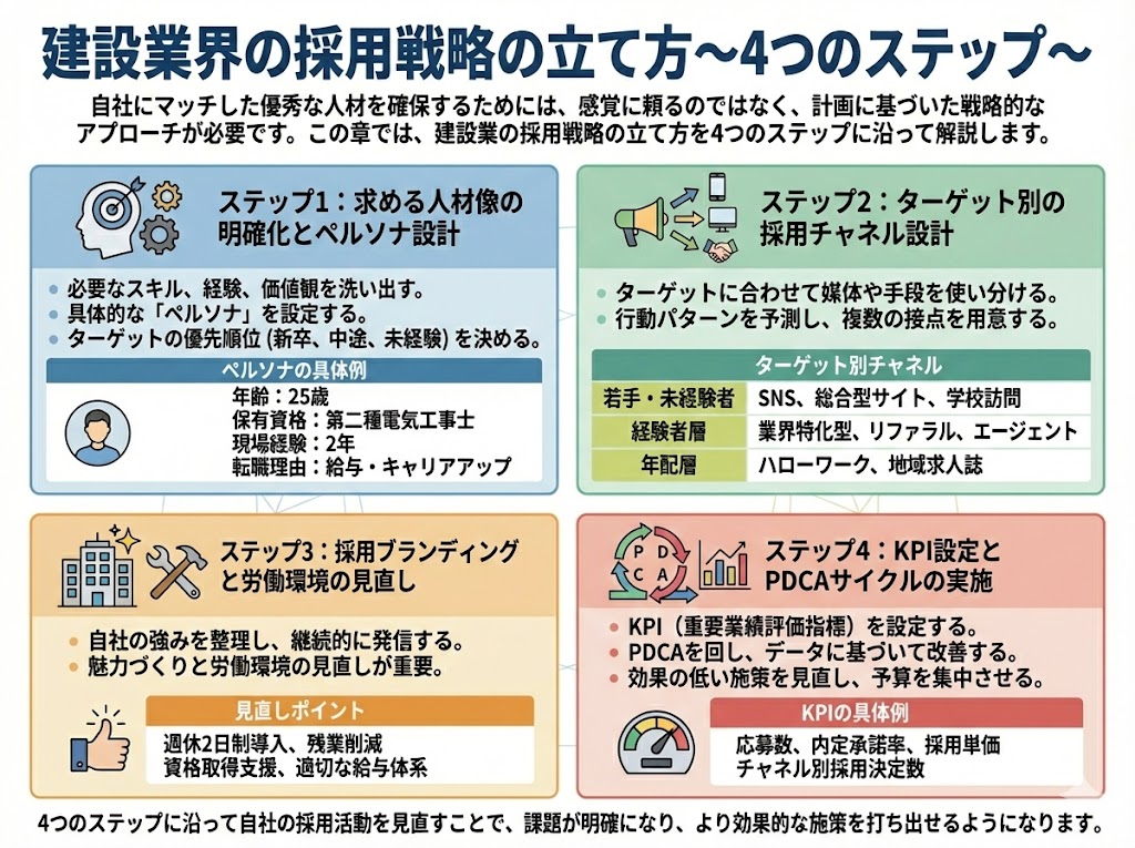 建設業界の採用戦略の立て方を4つのステップで示した図解