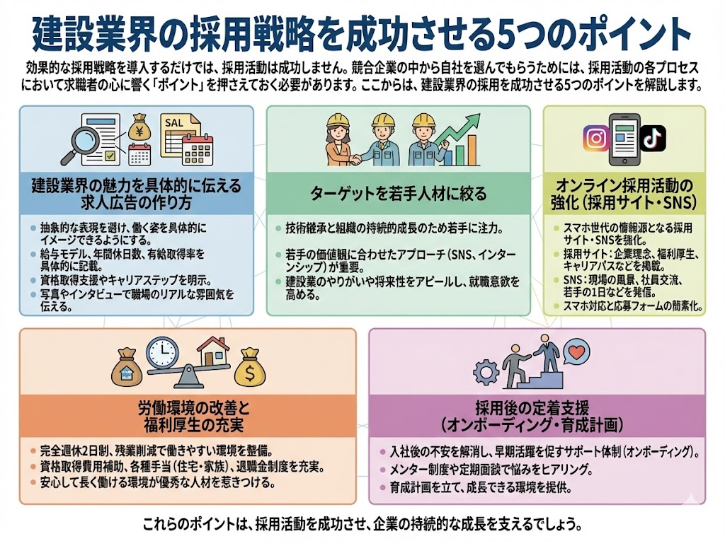 建設業界の採用戦略を成功させる5つのポイントを示した図解
